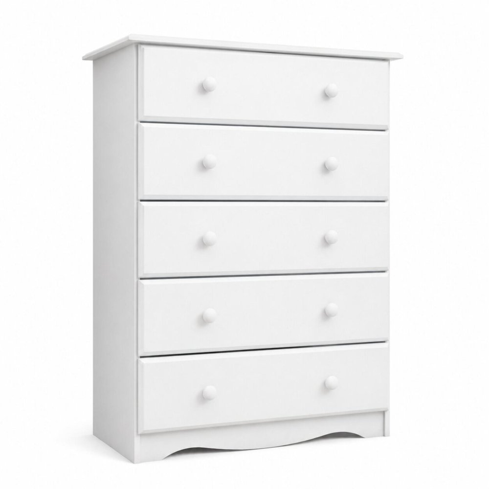 32" White Solid Wood Five Drawer Dresser