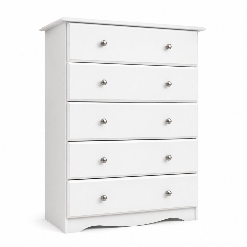 32" White Solid Wood Five Drawer Dresser