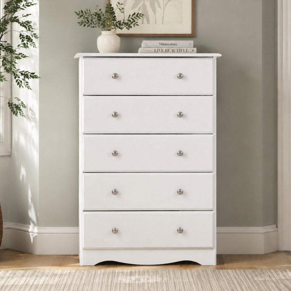 32" White Solid Wood Five Drawer Dresser
