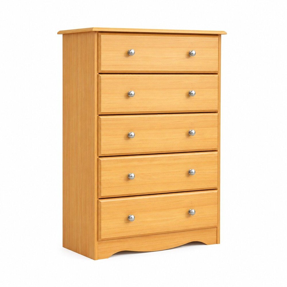 32" Golden Brown Solid Wood Five Drawer Dresser