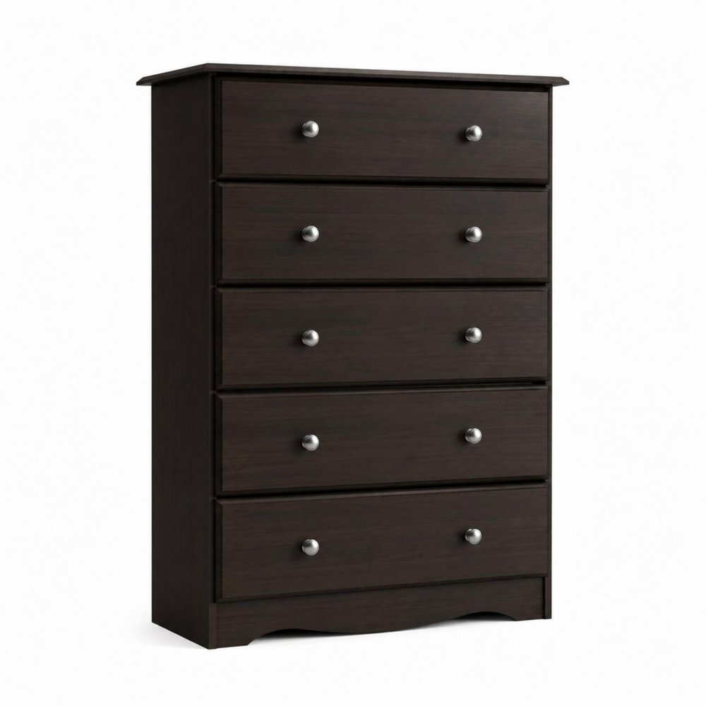 32" Espresso Solid Wood Five Drawer Dresser