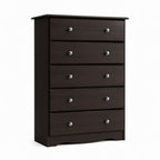 32" Espresso Solid Wood Five Drawer Dresser
