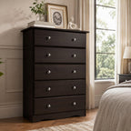32" Espresso Solid Wood Five Drawer Dresser