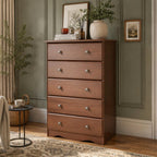 32" Coffee Solid Wood Five Drawer Dresser