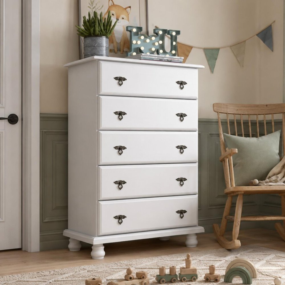 32" White Solid Wood Five Drawer Dresser