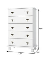 32" White Solid Wood Five Drawer Dresser