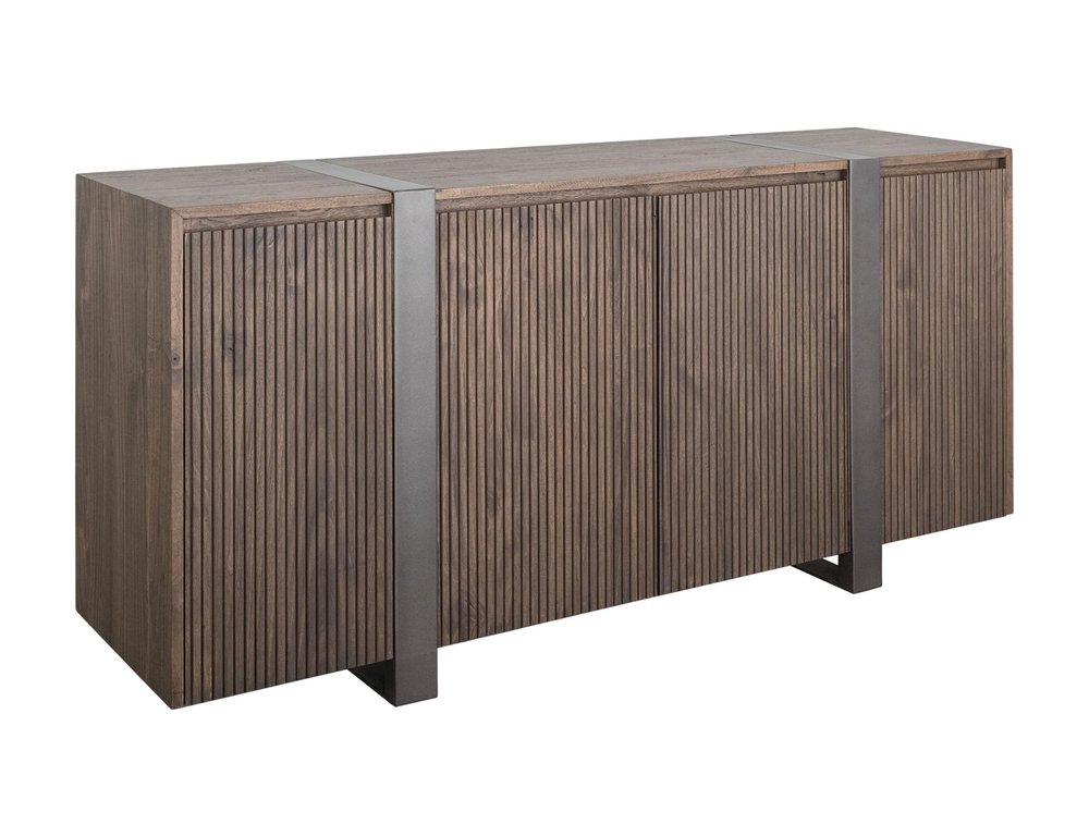 69" Brown Distressed Wood And Steel Ribbed Texture Sideboard With Four Doors
