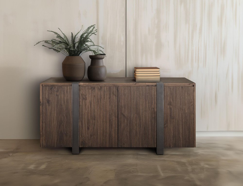 69" Brown Distressed Wood And Steel Ribbed Texture Sideboard With Four Doors