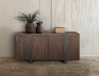 69" Brown Distressed Wood And Steel Ribbed Texture Sideboard With Four Doors