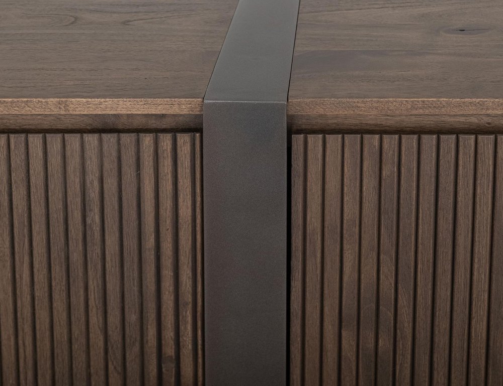 69" Brown Distressed Wood And Steel Ribbed Texture Sideboard With Four Doors