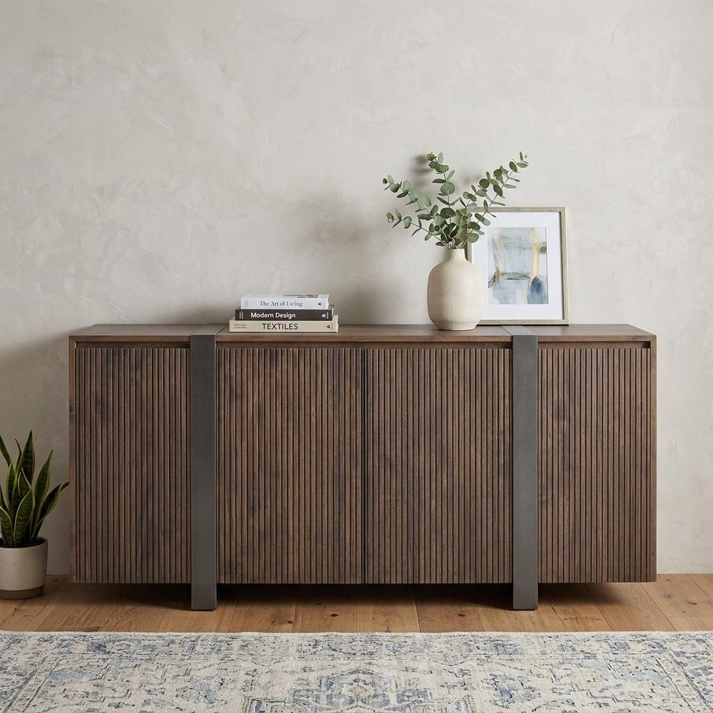 69" Brown Distressed Wood And Steel Ribbed Texture Sideboard With Four Doors