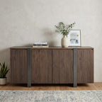 69" Brown Distressed Wood And Steel Ribbed Texture Sideboard With Four Doors