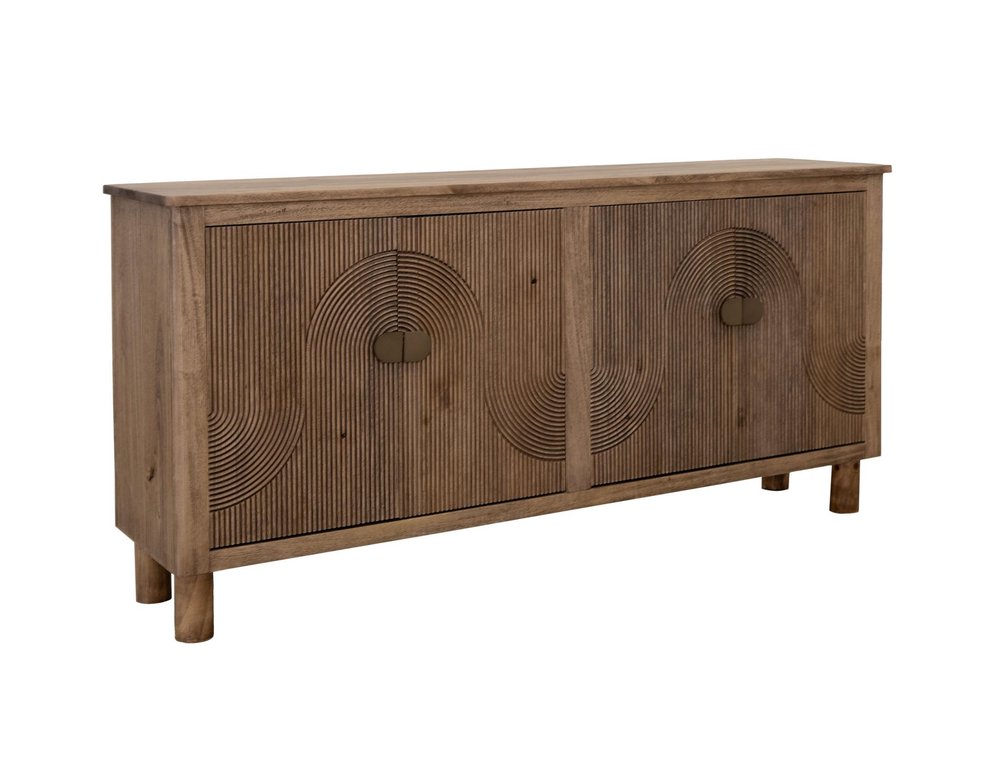 69" Brown Distressed Wood Carved Geometric Sideboard With Four Doors