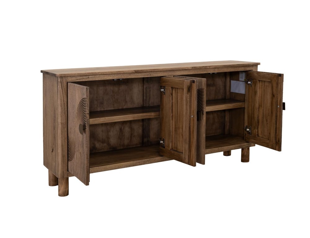 69" Brown Distressed Wood Carved Geometric Sideboard With Four Doors