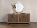 69" Brown Distressed Wood Carved Geometric Sideboard With Four Doors