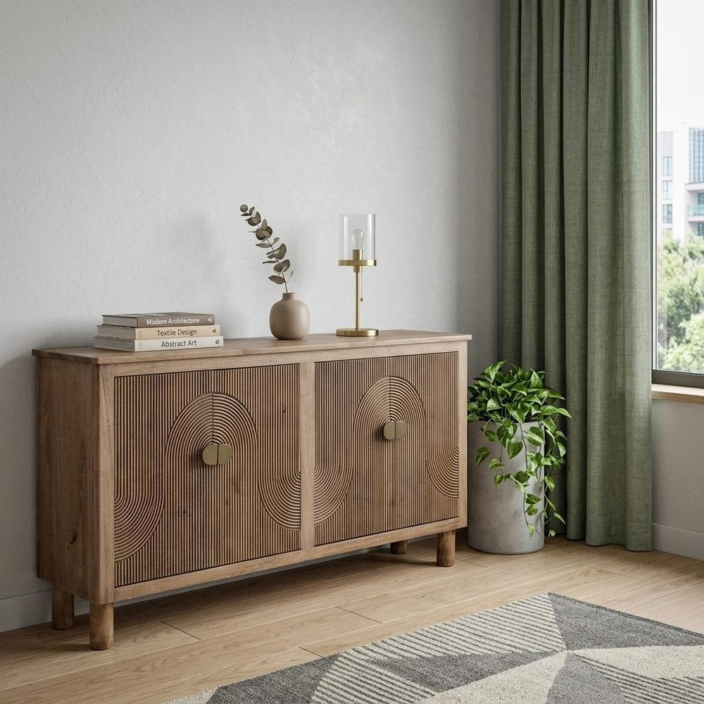 69" Brown Distressed Wood Carved Geometric Sideboard With Four Doors