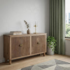 69" Brown Distressed Wood Carved Geometric Sideboard With Four Doors