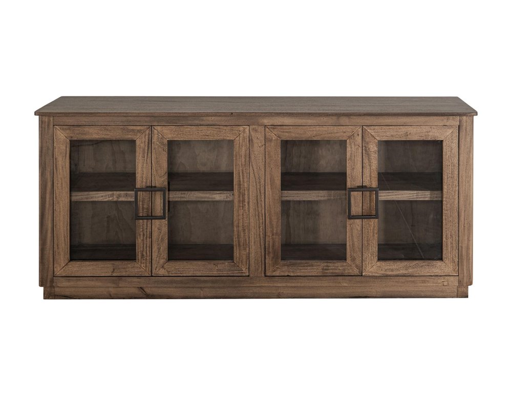 68" Brown Distressed Wood Sideboard With Four Glass Doors