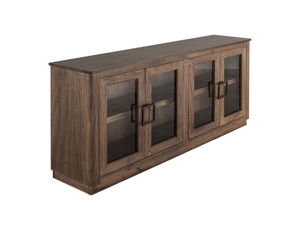68" Brown Distressed Wood Sideboard With Four Glass Doors