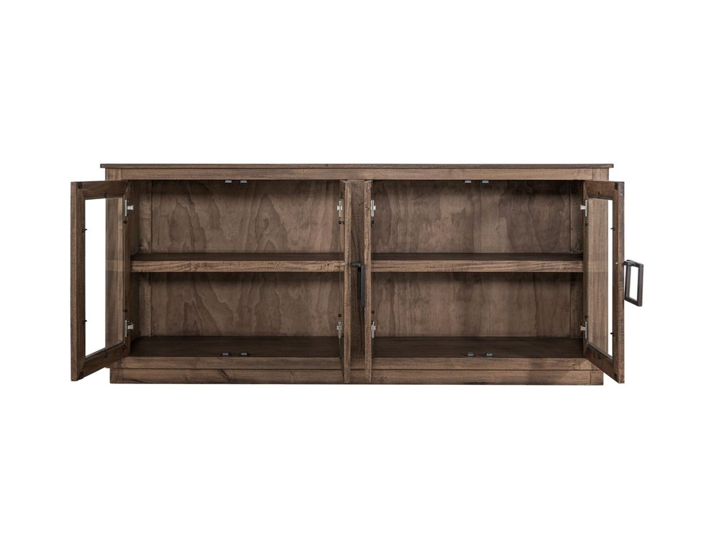 68" Brown Distressed Wood Sideboard With Four Glass Doors