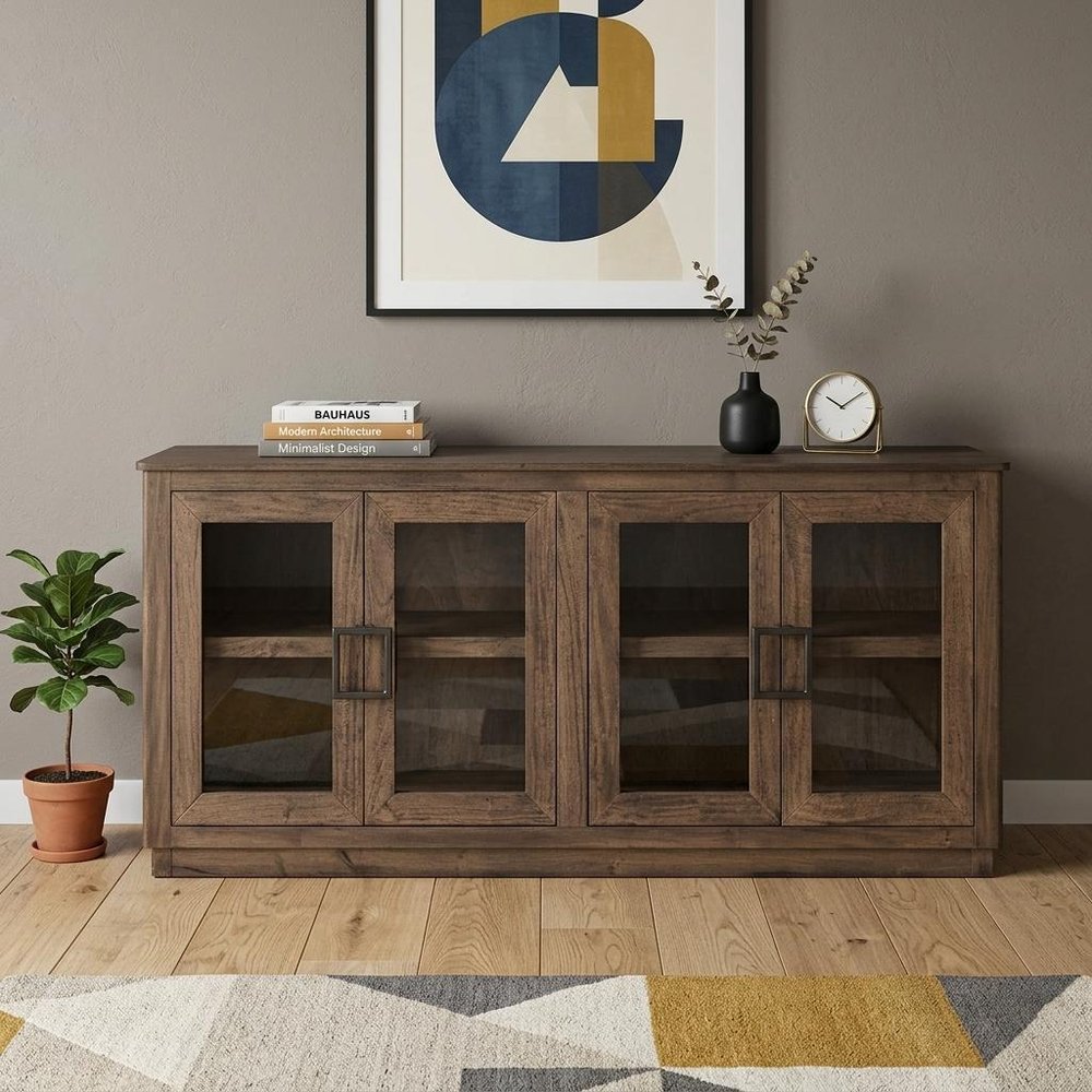 68" Brown Distressed Wood Sideboard With Four Glass Doors