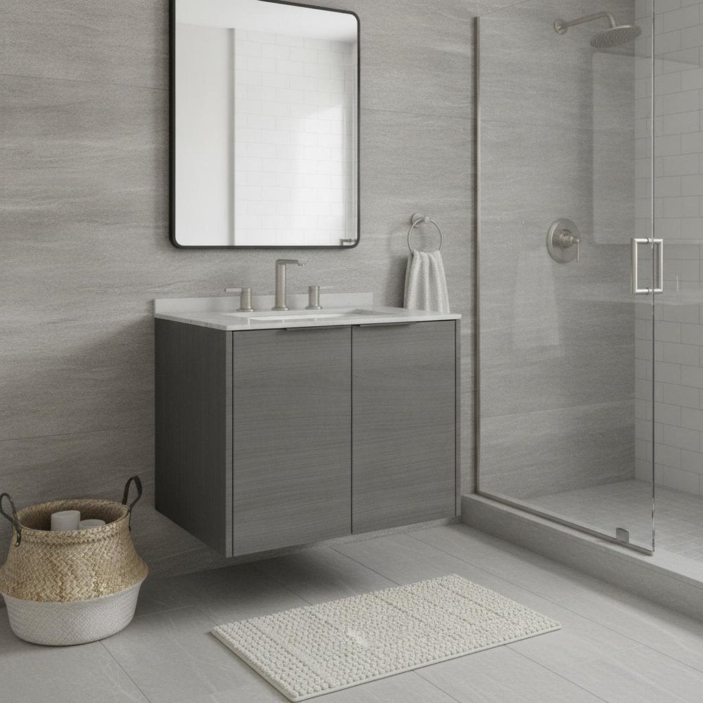 24" Gray Wood Floating Double Door Bathroom Vanity With White Sink