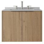 24" Brown Wood Floating Double Door Bathroom Vanity With White Sink