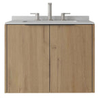 24" Brown Wood Floating Double Door Bathroom Vanity With White Sink