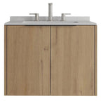 24" Brown Wood Floating Double Door Bathroom Vanity With White Sink