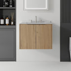 24" Brown Wood Floating Double Door Bathroom Vanity With White Sink