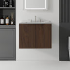 24" Brown Wood Floating Double Door Bathroom Vanity With White Sink