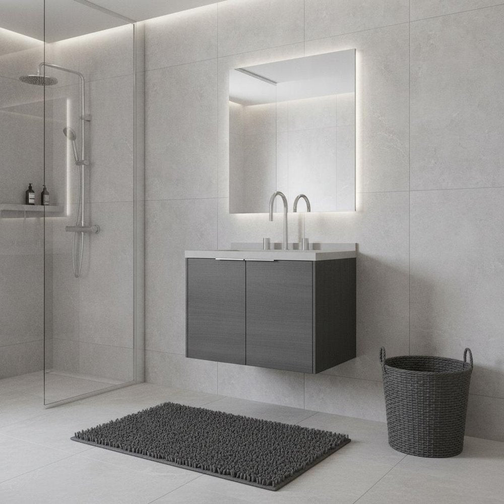 24" Gray Wood Floating Double Door Bathroom Vanity With White Sink