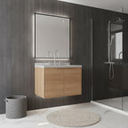 24" Brown Wood Floating Double Door Bathroom Vanity With White Sink