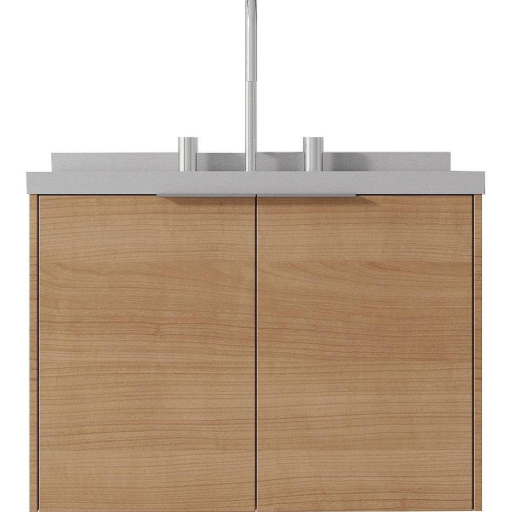 24" Brown Wood Floating Double Door Bathroom Vanity With White Sink
