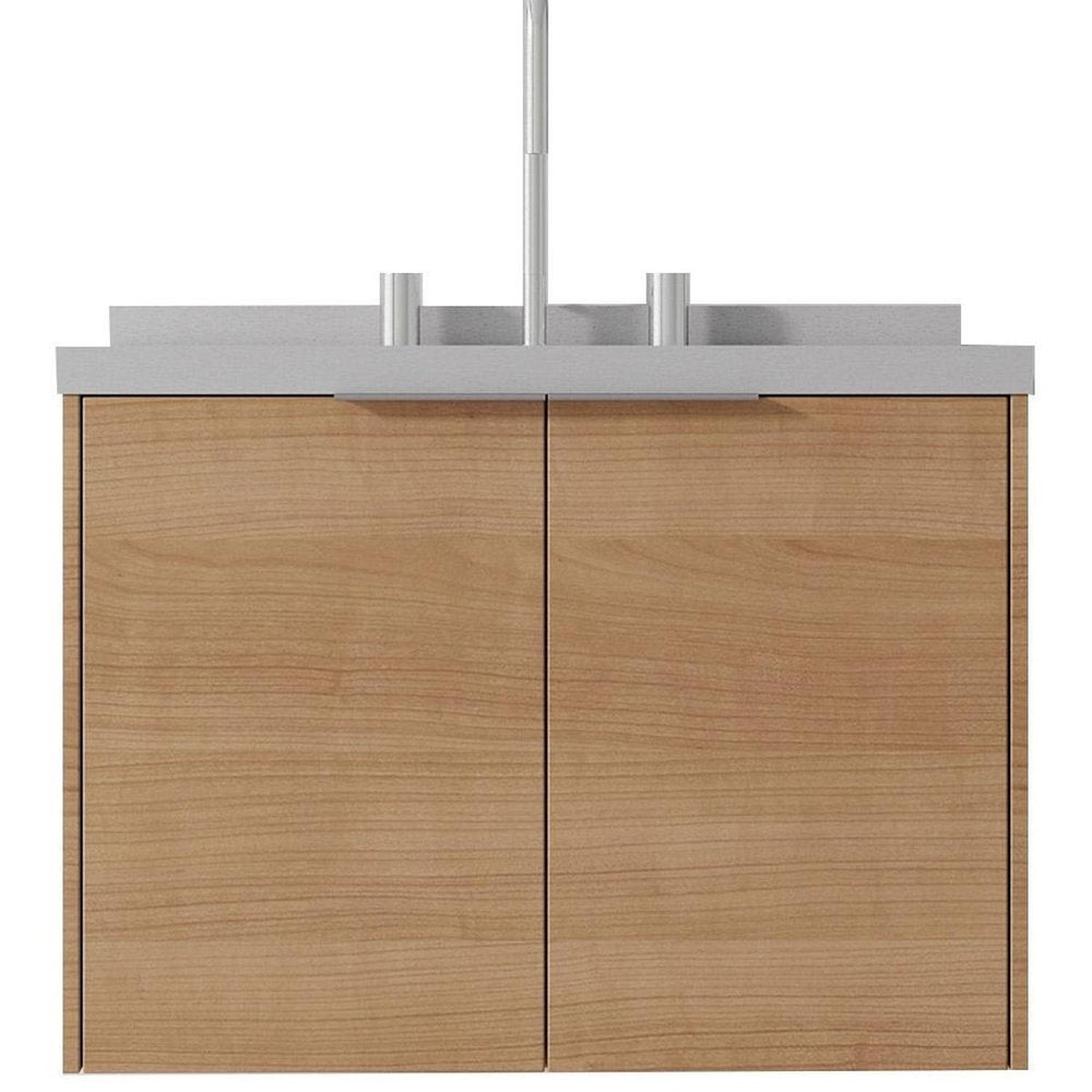 24" Brown Wood Floating Double Door Bathroom Vanity With White Sink