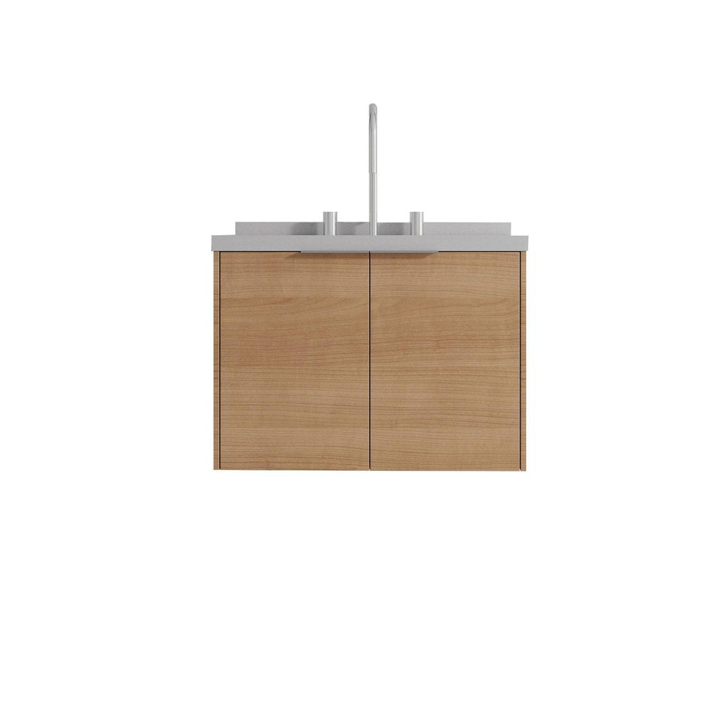 24" Brown Wood Floating Double Door Bathroom Vanity With White Sink
