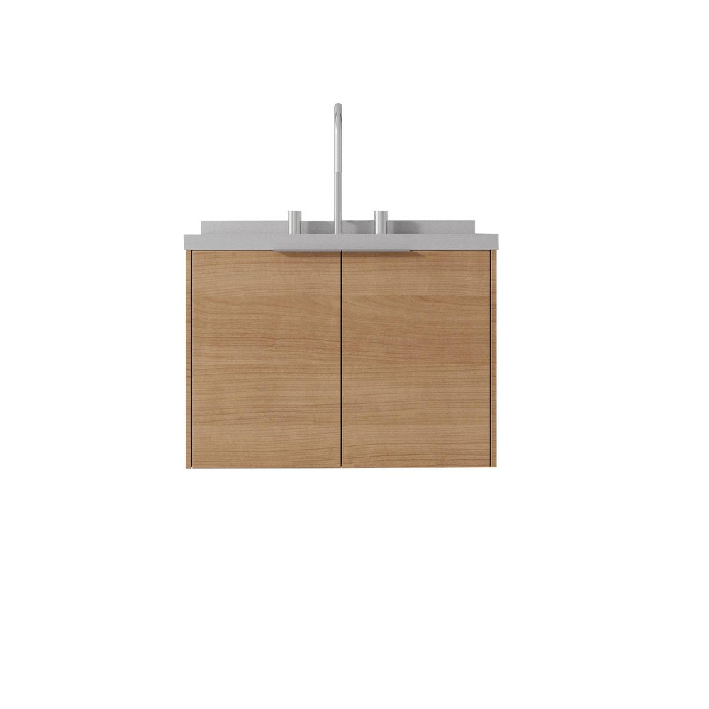 24" Brown Wood Floating Double Door Bathroom Vanity With White Sink