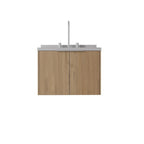 24" Brown Wood Floating Double Door Bathroom Vanity With White Sink