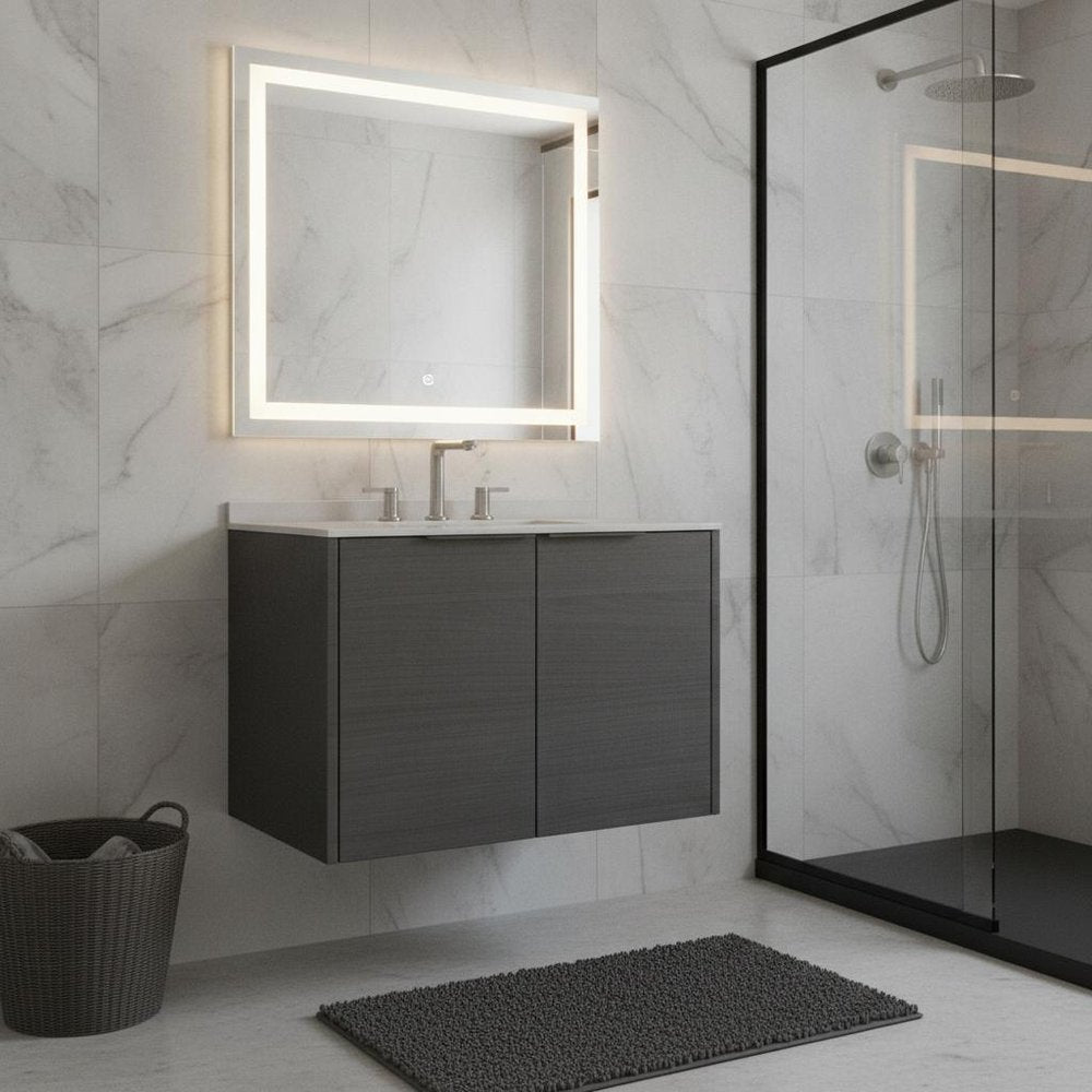 30" Gray Wood Floating Double Door Bathroom Vanity With White Sink