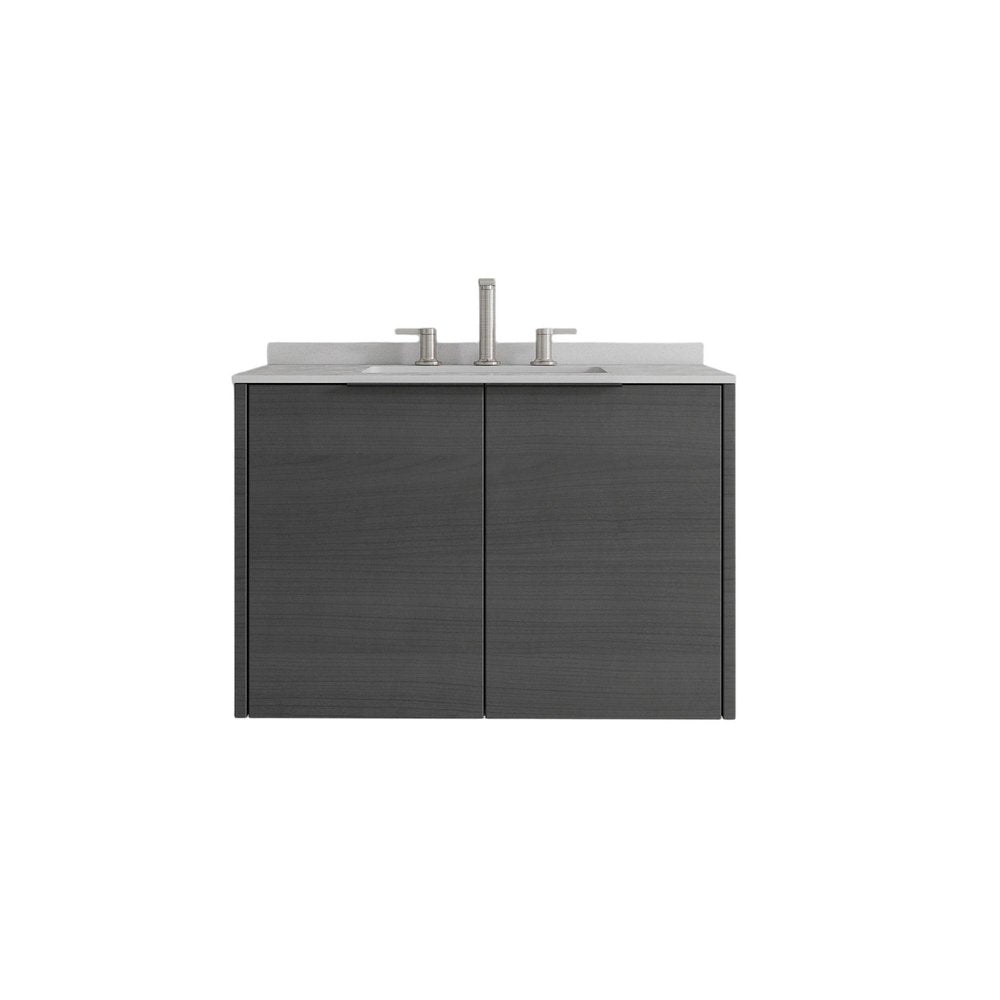 30" Gray Wood Floating Double Door Bathroom Vanity With White Sink