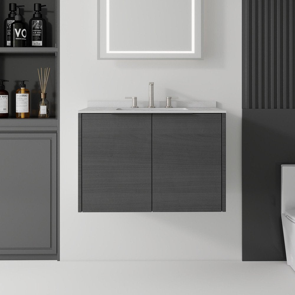 30" Gray Wood Floating Double Door Bathroom Vanity With White Sink