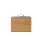 30" Brown Wood Floating Double Door Bathroom Vanity With White Sink