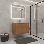 30" Brown Wood Floating Double Door Bathroom Vanity With White Sink