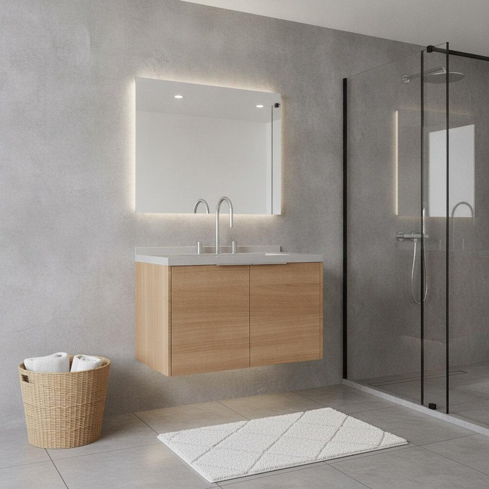 30" Brown Wood Floating Double Door Bathroom Vanity With White Sink