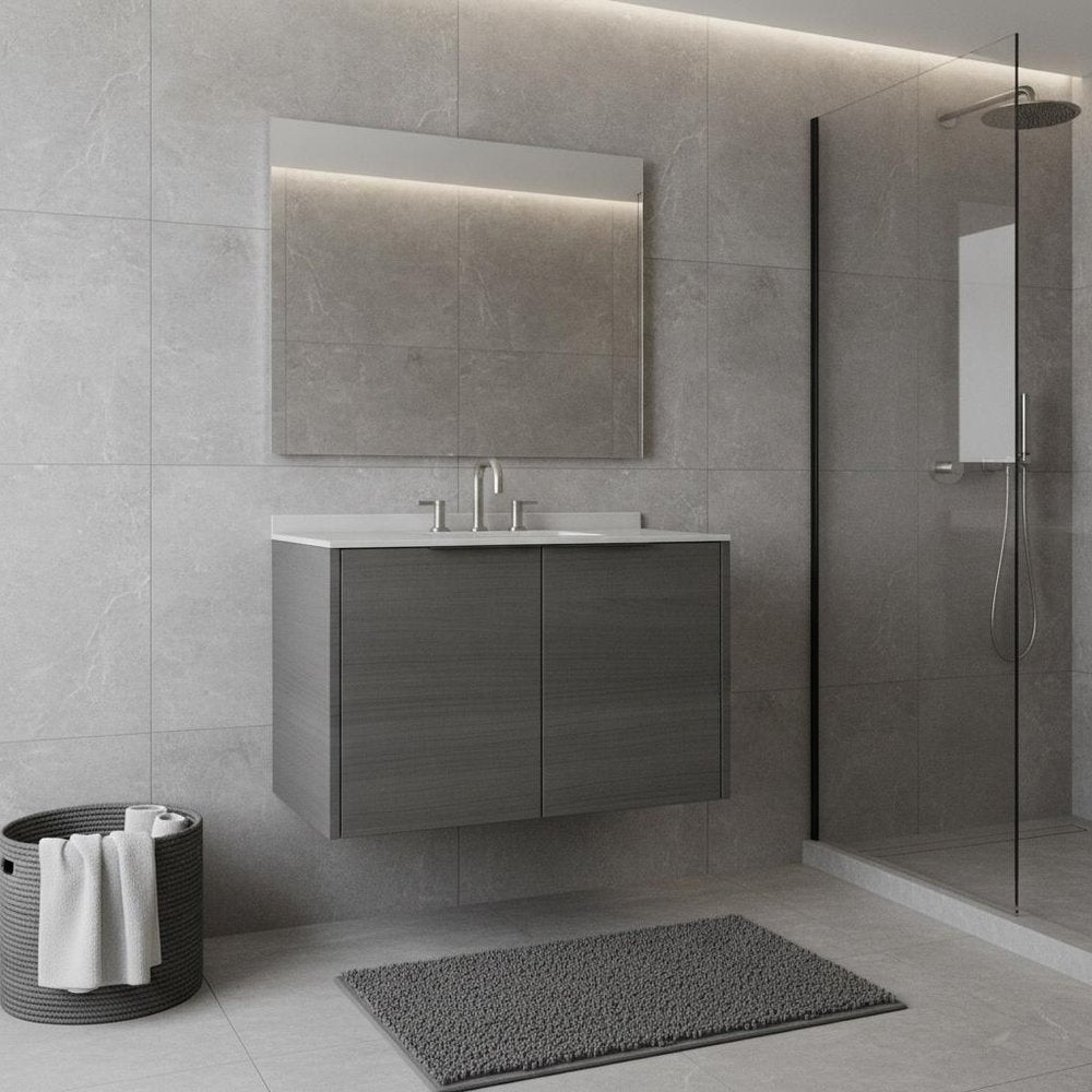 36" Gray Wood Floating Double Door Bathroom Vanity With White Sink