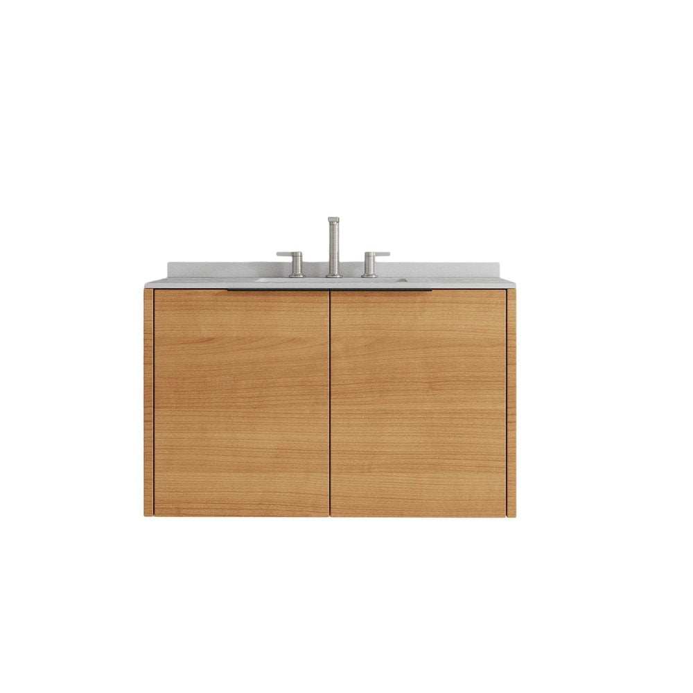 36" Brown Wood Floating Double Door Bathroom Vanity With White Sink