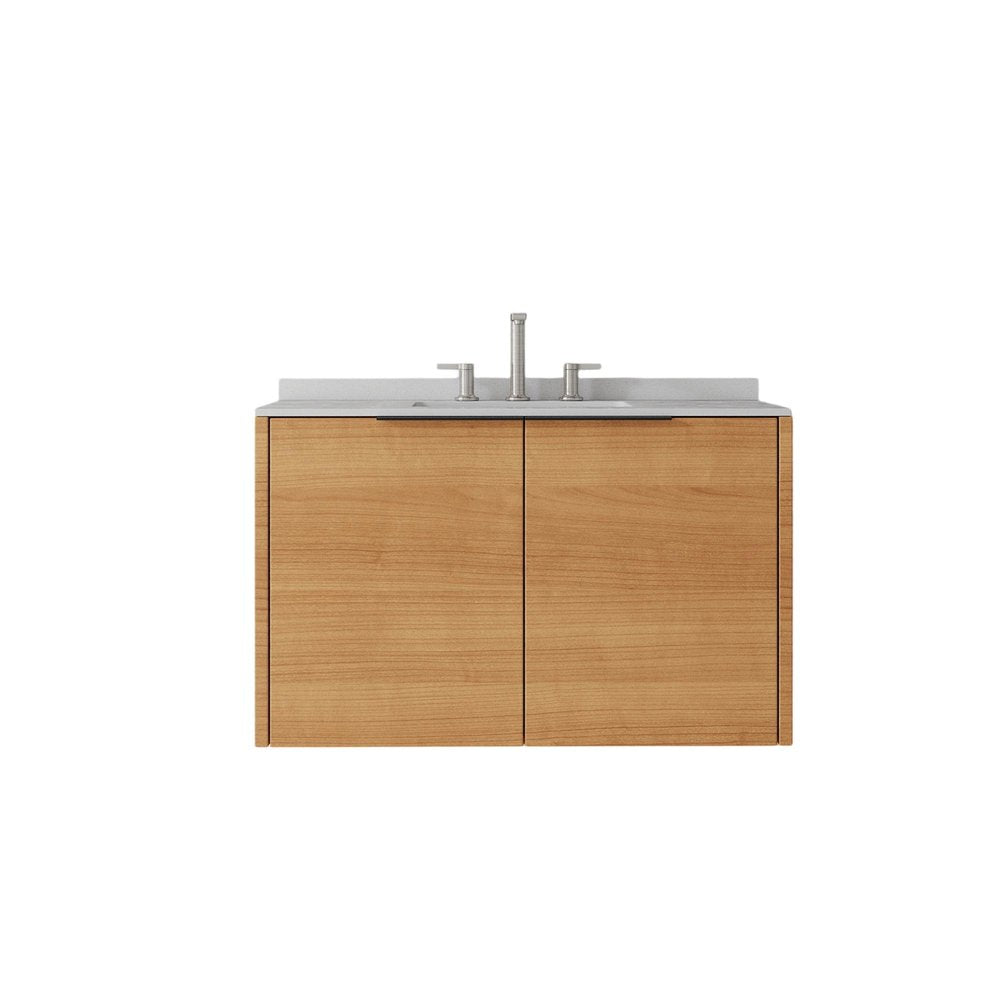 36" Brown Wood Floating Double Door Bathroom Vanity With White Sink