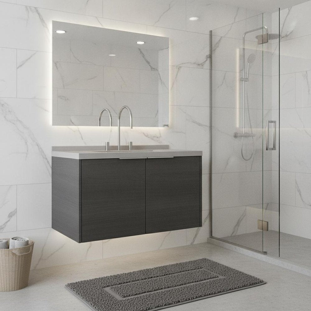36" Gray Wood Floating Double Door Bathroom Vanity With White Sink