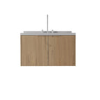 36" Brown Wood Floating Double Door Bathroom Vanity With White Sink