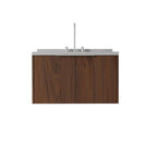 36" Brown Wood Floating Double Door Bathroom Vanity With White Sink